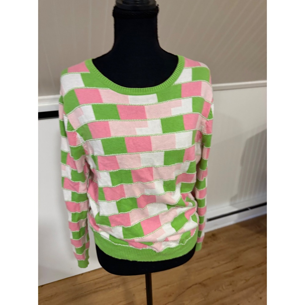 Lizgolf Liz Claiborne Vtg 80s PREPPY Pink Green Checker Knit Sweater Large RARE - Picture 5 of 7